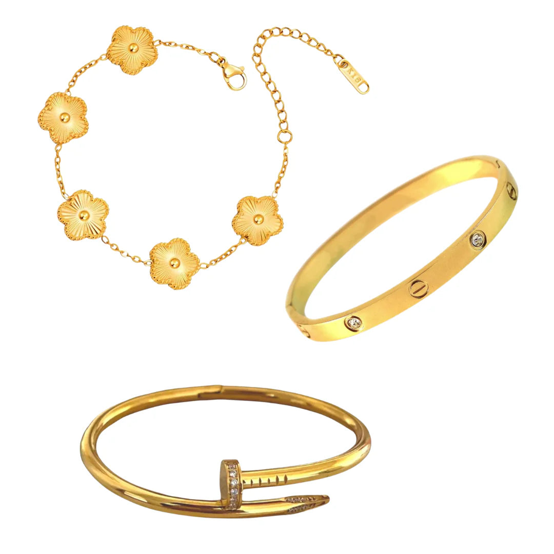 Cartier Love & Nail Bangle With Golden Clover Stack Set