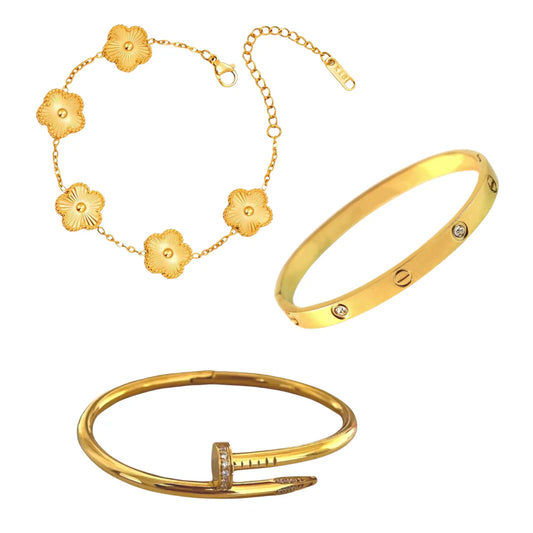 Cartier Love & Nail Bangle With Golden Clover Stack Set