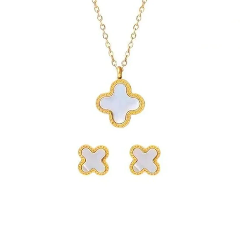 Four Leaf Clover 2 Sided Pendant With Ear Studs (White) 2Pcs Set