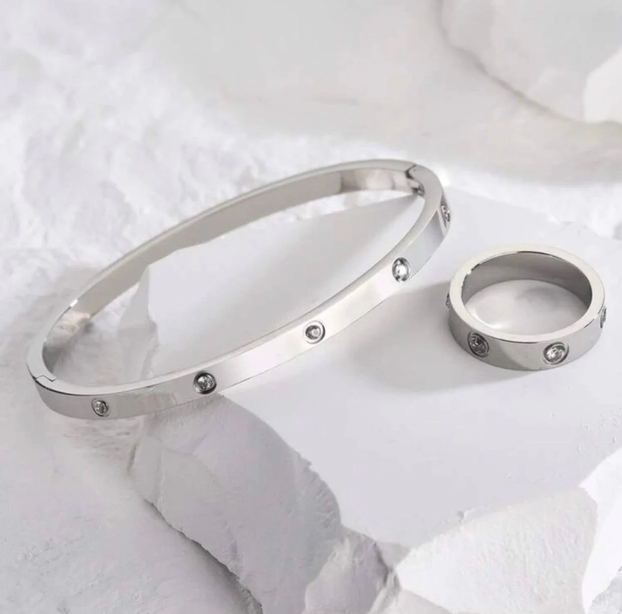 Silver Diamond Love Bracelet & Ring Set